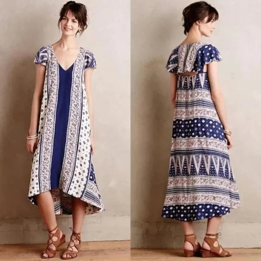 ANTHROPOLOGIE Maeve Summertide Swing Tide Dress Midi Size Small Coastal